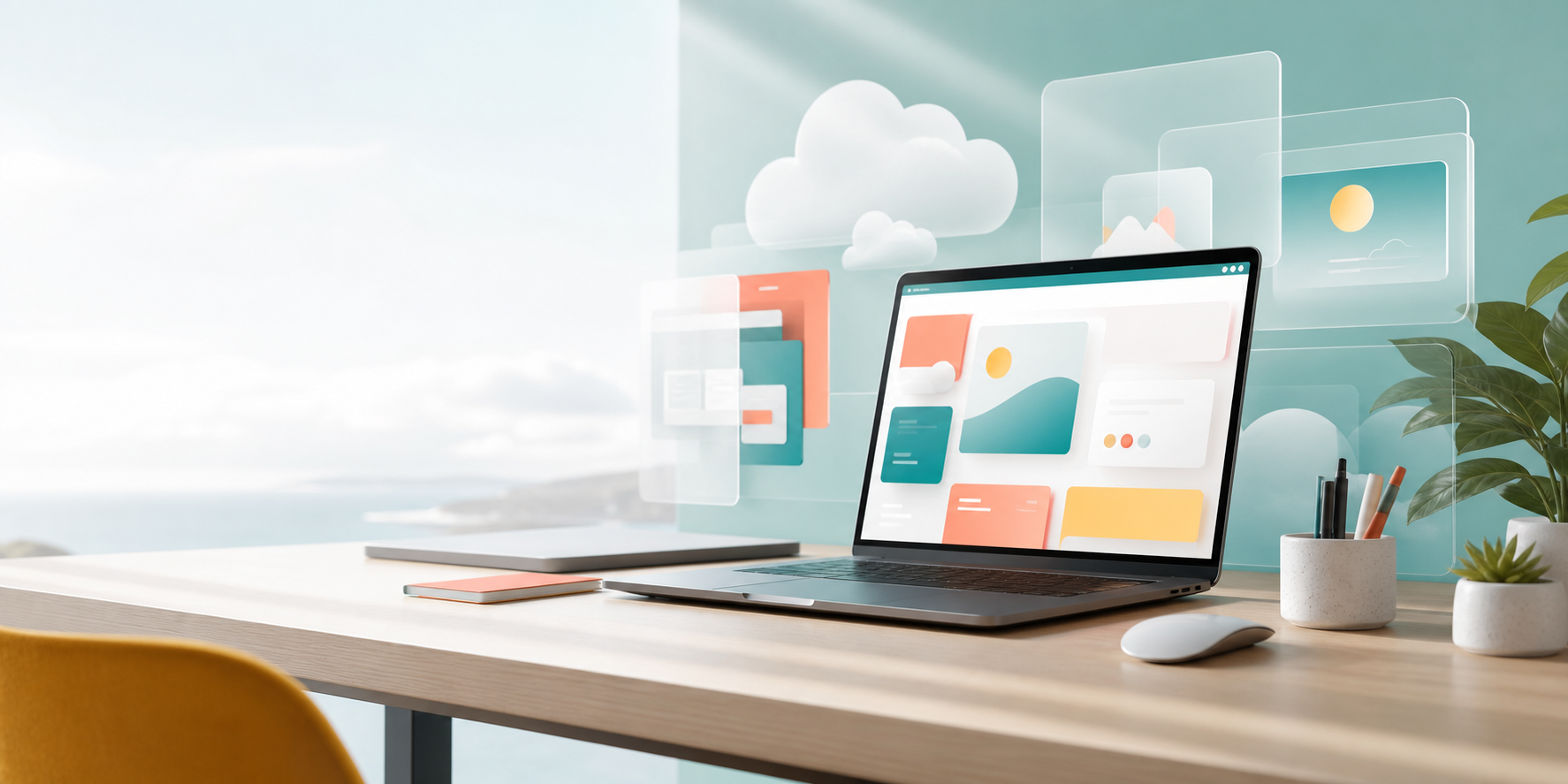 Espaco de trabalho moderno com laptop exibindo formas abstratas de uma interface web